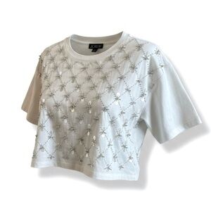 New J. Crew Sequin Cropped T-Shirt White Short Sleeve Holiday Party Top Size XS